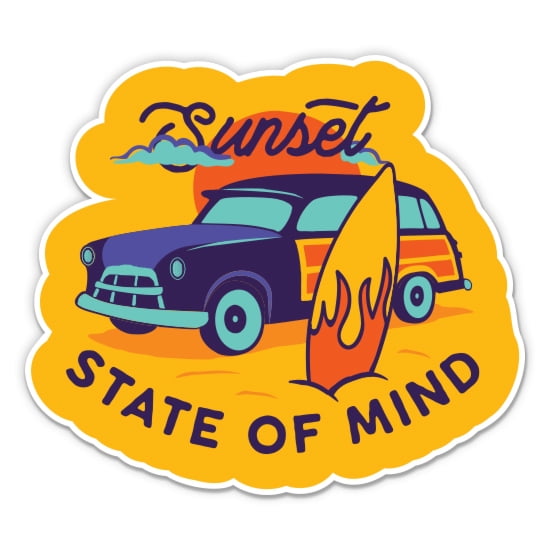 Sunset State of Mind Surfing - 3" Vinyl Sticker - For Car Laptop Water Bottle Phone - Waterproof Decal