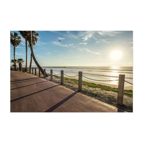 Sunset Stroll - San Diego California Photography Beach Coastal Ocean Sunset Palm Tree Seaside Boardwalk Unframed Wall Art Print 16 x 24 inches