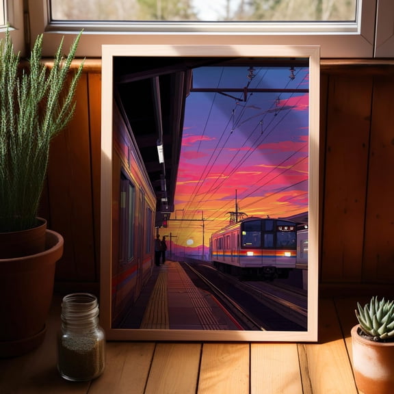 Sunset Subway City Wall Art, Japanese Pop Cityscape Decor, Unframed Paper Print Size 8x12