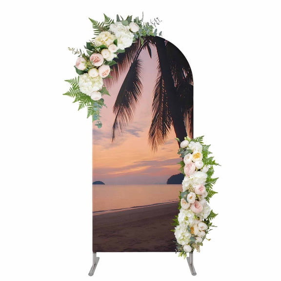 Sunset Summer Arch Backdrop Cover 5FT, Seasides Palm Tree Leaves Scene Spandex Fitted Stretchy Arch Stand Covers, Round Top Chiara Backdrop Cover for Wedding Party Birthday Baby Shower