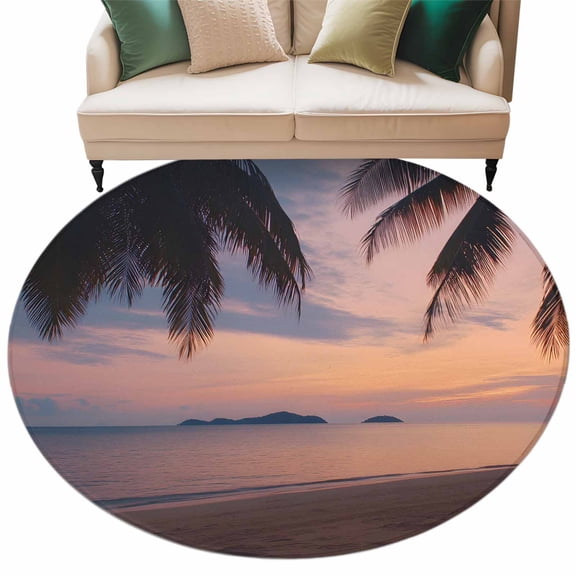 Sunset Summer Large Area Rugs for Bedroom Living Room, Soft Non Slip Carpet Bedside Rug, Seasides Palm Tree Leaves Scene Round Floor Cover Kitchen Accent Rug 6' for Dining Room/Office