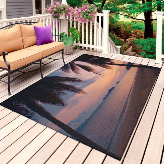 Sunset Summer Outdoor Rug 5x8 Ft, Non Slip Washable Area Rug, Seasides Palm Tree Leaves Scene Patio Rugs Carpet Runner, Large Floor Mat for Indoor/Outdoor Deck Porch Camping