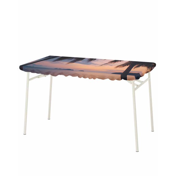 Sunset Summer Rectangle Tablecloth, Waterproof Elastic Fitted Table Covers for 8 Foot Tables, 32x96inch Decorative Tablecloths for Picnic, Camping, Indoor, Outdoor, Seasides Palm Tree Leaves Scene