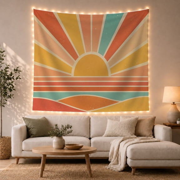 Sunset Sun with Radiating Rays and Rolling Hills, Nostalgic Retro for Art Lovers, Sunset Wall Art, Housewarming Gift, Tapestry Wall Hanging for Bedroom and Living Room