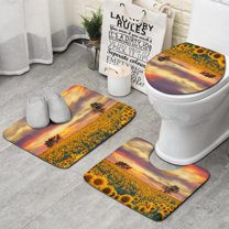Sunset Sunflower Field Scene Bathroom Rugs Sets 3 Piece,Toilet Cover Set,Absorbent Non Slip Bathroom Mats Sets with U-Shaped Contour Rug Toilet Rug Set