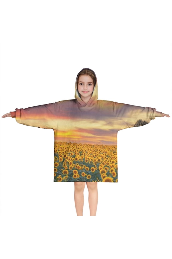 Sunset Sunflower Field Scene Blanket Hoodies for Kids 6-13YR Oversize Wearable Blanket Hoodies for Boys Girls Teens