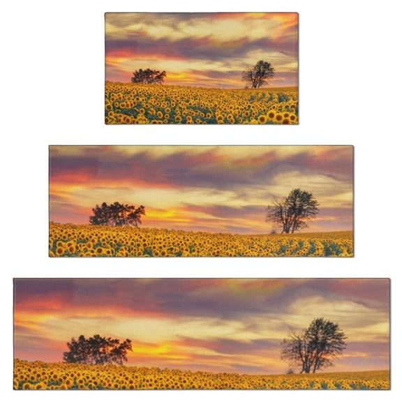 Sunset Sunflower Field Scene Kitchen Rugs Sets Of 3,Kitchen Runner Rugs Non Skid Washable,Decorative Kitchen Floor Mats for Kitchen,Sink,Laundry,17"x30"+ 17"x47" + 17"x59"