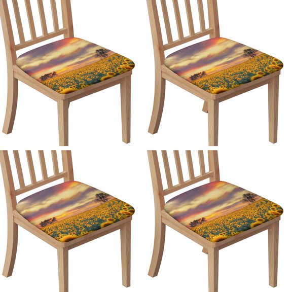 Sunset Sunflower Field Scene Seat Covers for Dining Room Chairs Set Of 4,Stretch Printed Washable Chair Seat Cover with Elastic Ties and Button,Removable Waterproof Couch Cushion Covers