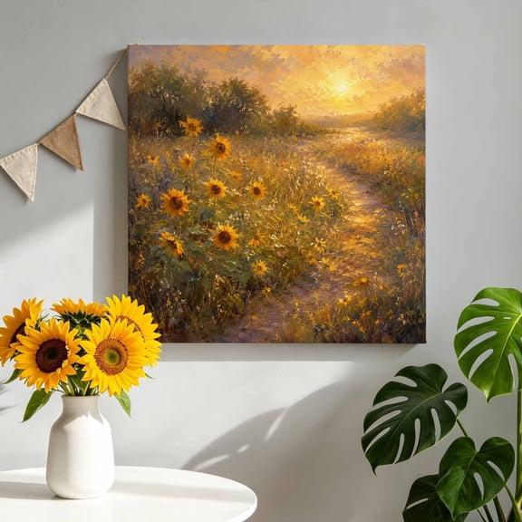 Sunset Sunflowers Canvas Wall Art, Summer Winding Dirt Path Pastoral Oil Painting Style Pictures Wall Decor Wooden Framed Artwork Art Prints for Living Room Hallway Bedroom Office 8"x8"