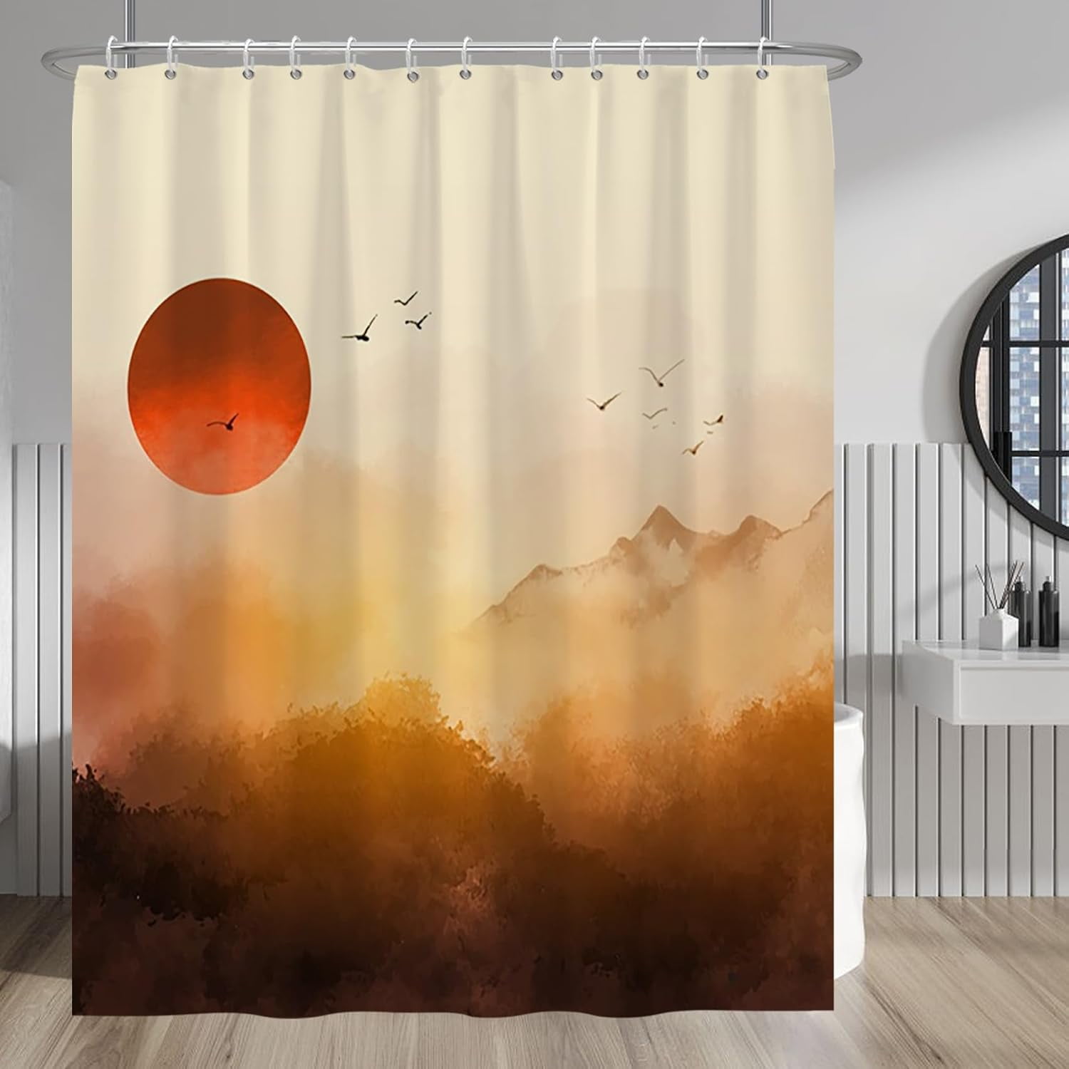 Sunset Sunrise Bathroom Curtain Decor with Hooks Watercolour Forest Birds Mountains Scenery Landscape Bathroom Shower Curtain Set 72x84 Inches Decorative Bathroom Shower Decor Accessory Set