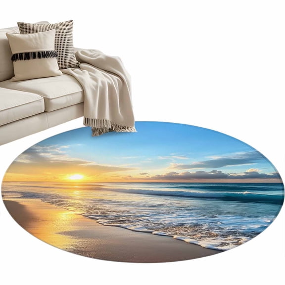 Sunset Sunrise Round Area&nbsp;Rug 4ft Ocean Beach Spray Non-Slip&nbsp;Washable Circle Rugs Soft Felt Indoor Floor Mat for Bedroom Kitchen Living Room Bathroom