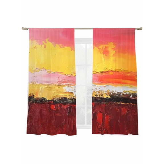 Sunset Sunrise Sheer Curtains for Living Room Bedroom, Light-filtering Sheer Curtain, Red Yellow Rod Pocket Voile Window Treatment Drapes, 52’’Wx72’’L, 2 Panels Set