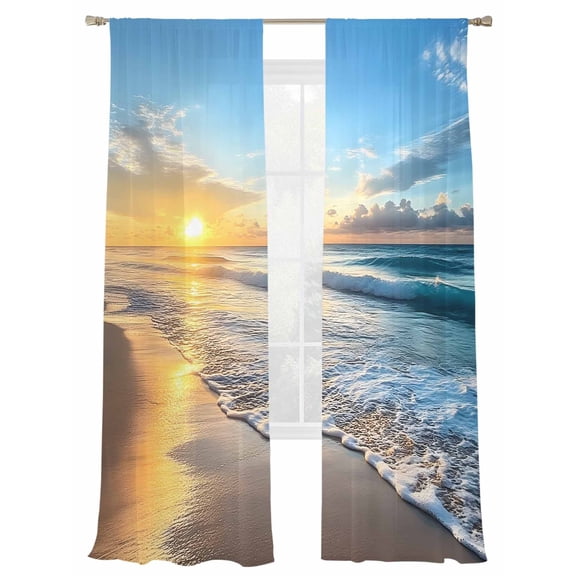 Sunset Sunrise Sheer Curtains for Living Room Bedroom, Ocean Beach Spray Light Filtering Sheer Curtain Rod Pocket Voile Window Treaments Drapes, 52 x 108 Inches