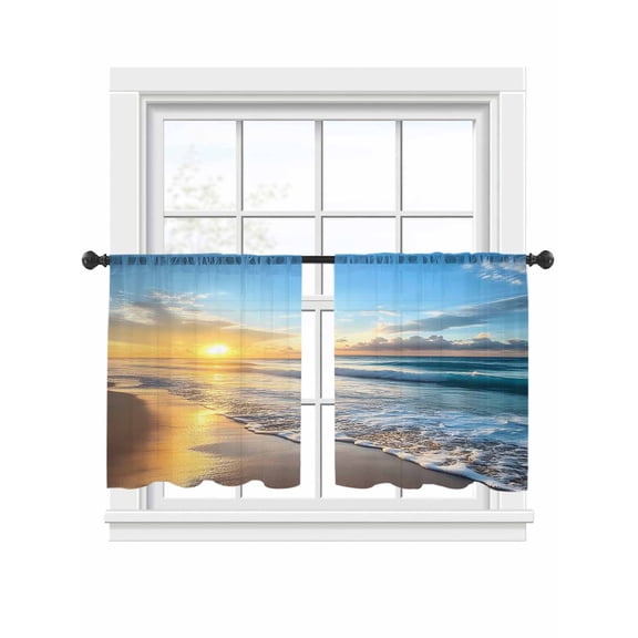 Sunset Sunrise Sheer Curtains for Living Room Bedroom, Ocean Beach Spray Light Filtering Sheer Curtain Rod Pocket Voile Window Treaments Drapes, 52 x 45 Inches