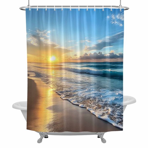 Sunset Sunrise Shower Curtain for Bathroom, Ocean Beach Spray Waterproof Cloth Fabric Bathroom Accessories Set with 12 Rust Proof Plastic Hooks, 66"x72"