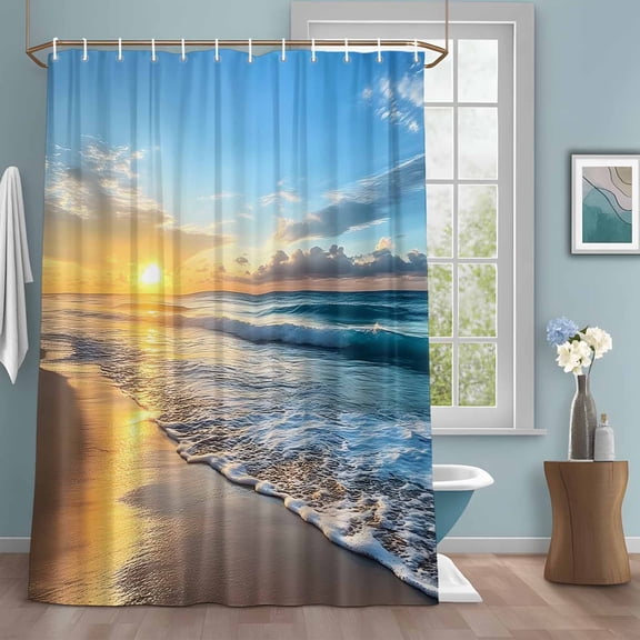 Sunset Sunrise Shower Curtains for Bathroom, Ocean Beach Spray Washable Fabric Shower Curtain with Hooks Waterproof Bathroom Decor Sets, 36 x 72 Inches