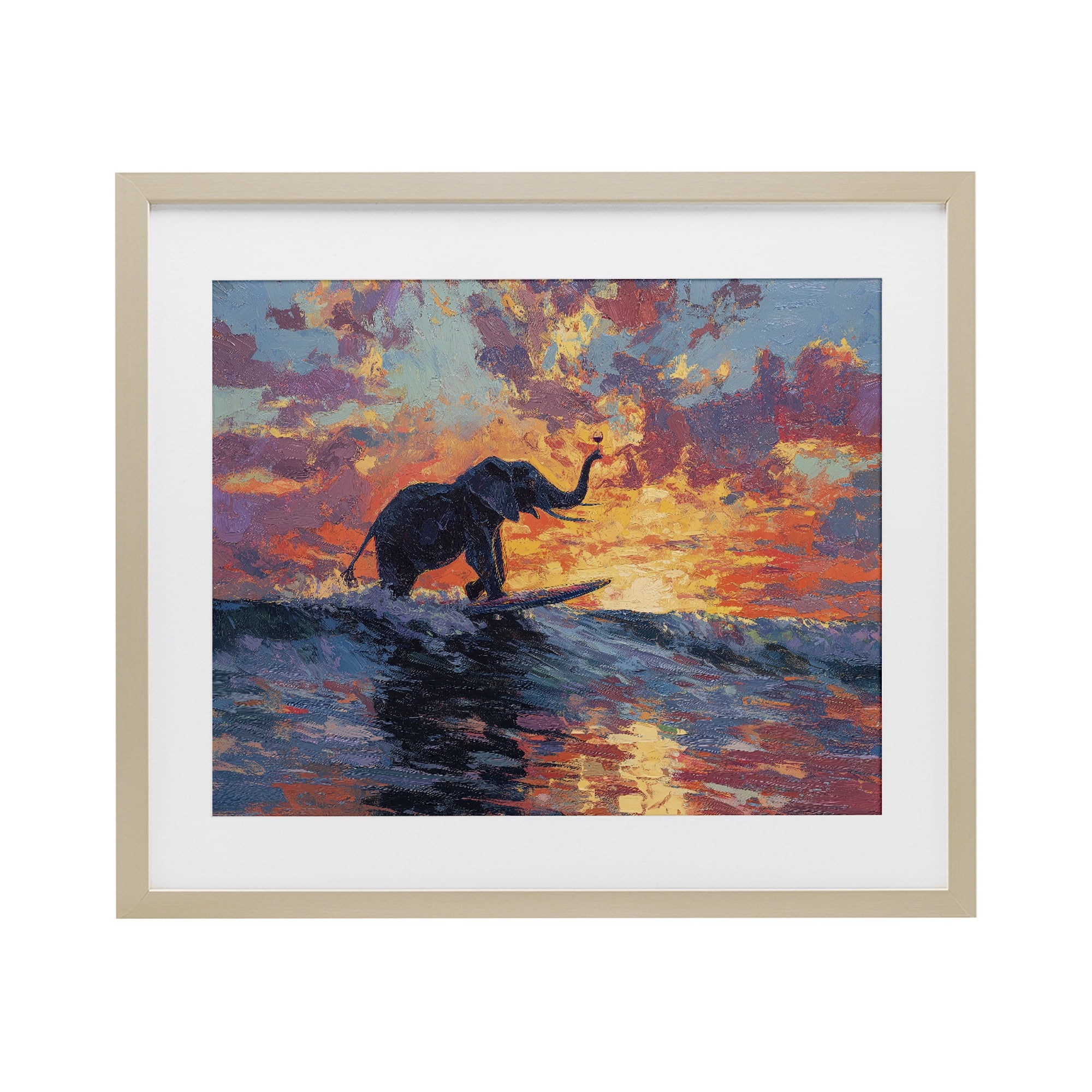 Sunset Surf Elephant Birch Framed Print Under Glass, design by Ziwei Li