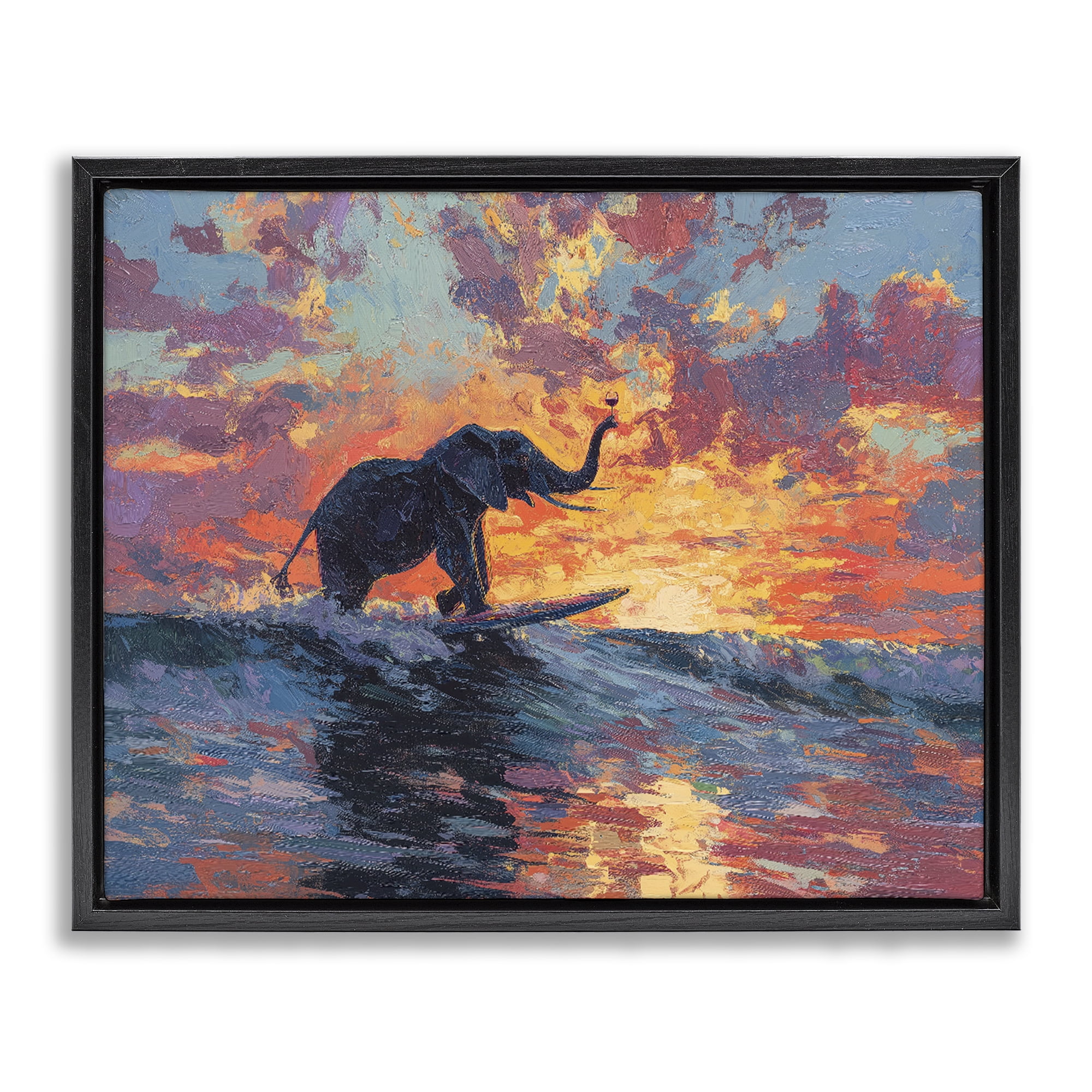 Sunset Surf Elephant Black Framed Floater Canvas Wall Art, design by Ziwei Li