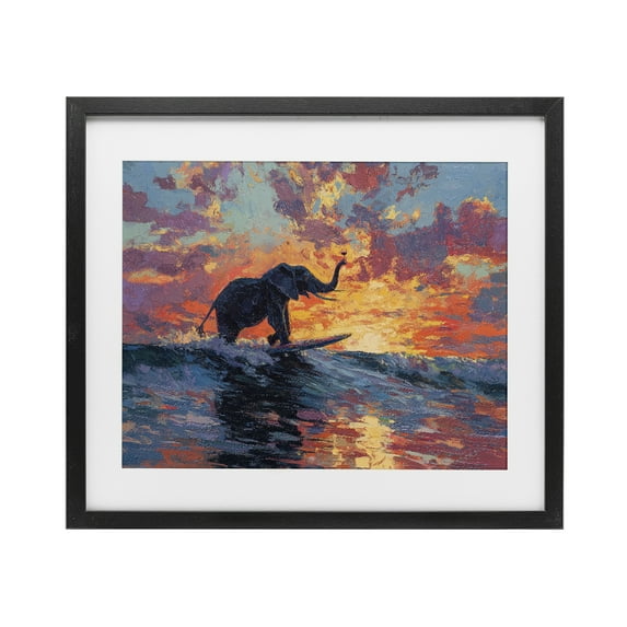 Sunset Surf Elephant Black Framed Print Under Glass, design by Ziwei Li