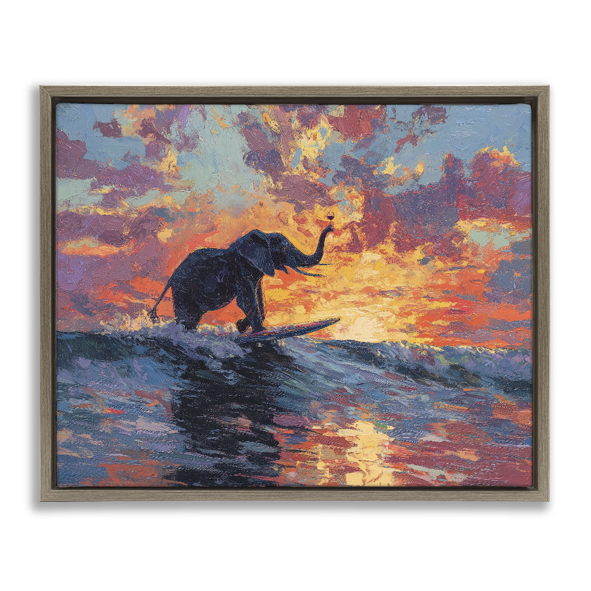Sunset Surf Elephant Brown Framed Floater Canvas Wall Art, design by Ziwei Li