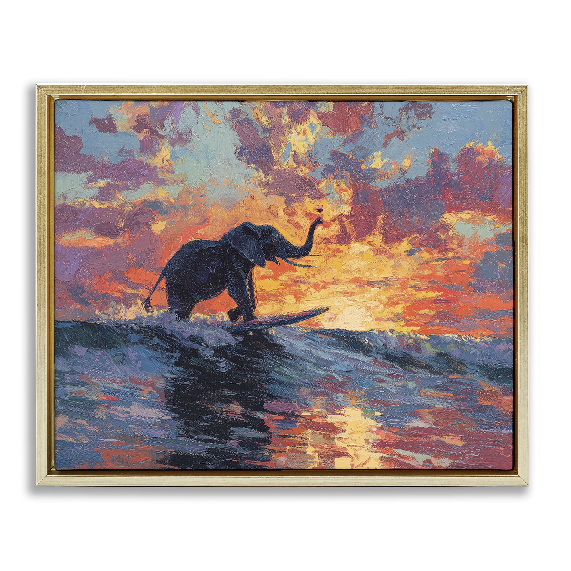 Sunset Surf Elephant Gold Framed Floater Canvas Wall Art, design by Ziwei Li