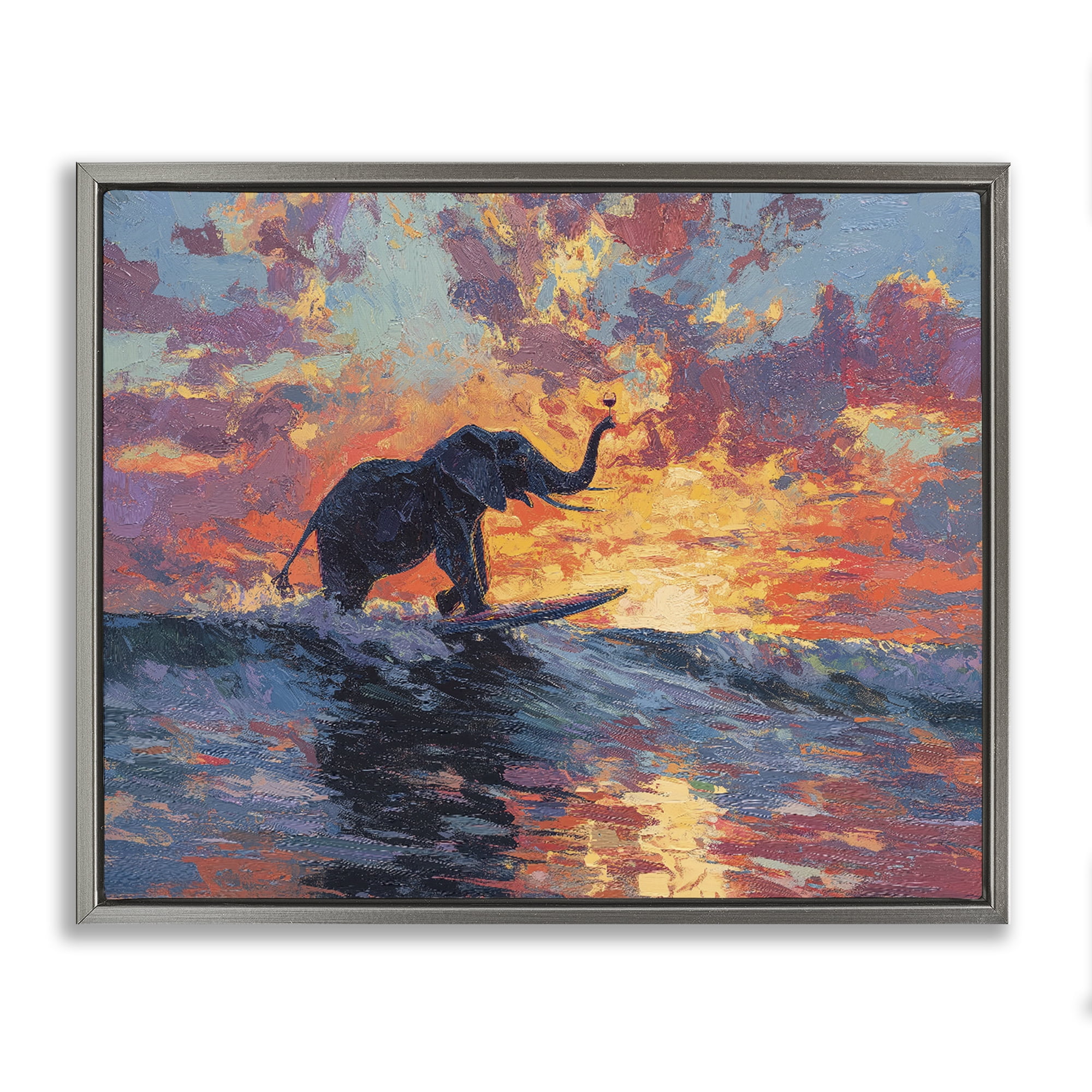 Sunset Surf Elephant Gray Framed Floater Canvas Wall Art, design by Ziwei Li