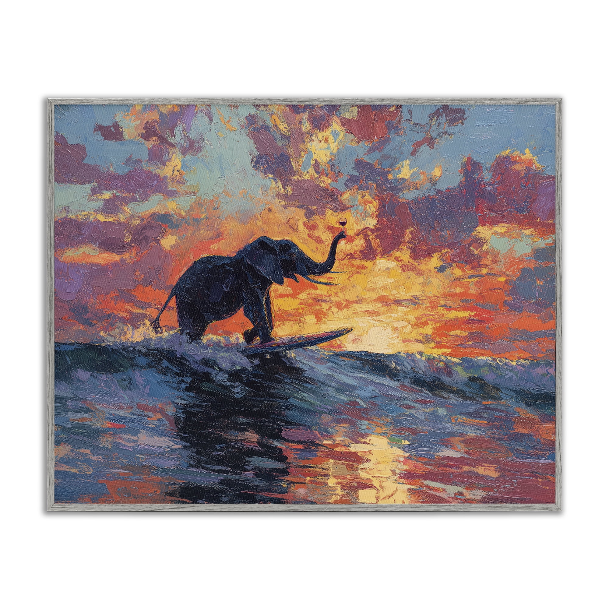 Sunset Surf Elephant Gray Framed Giclee Art, design by Ziwei Li