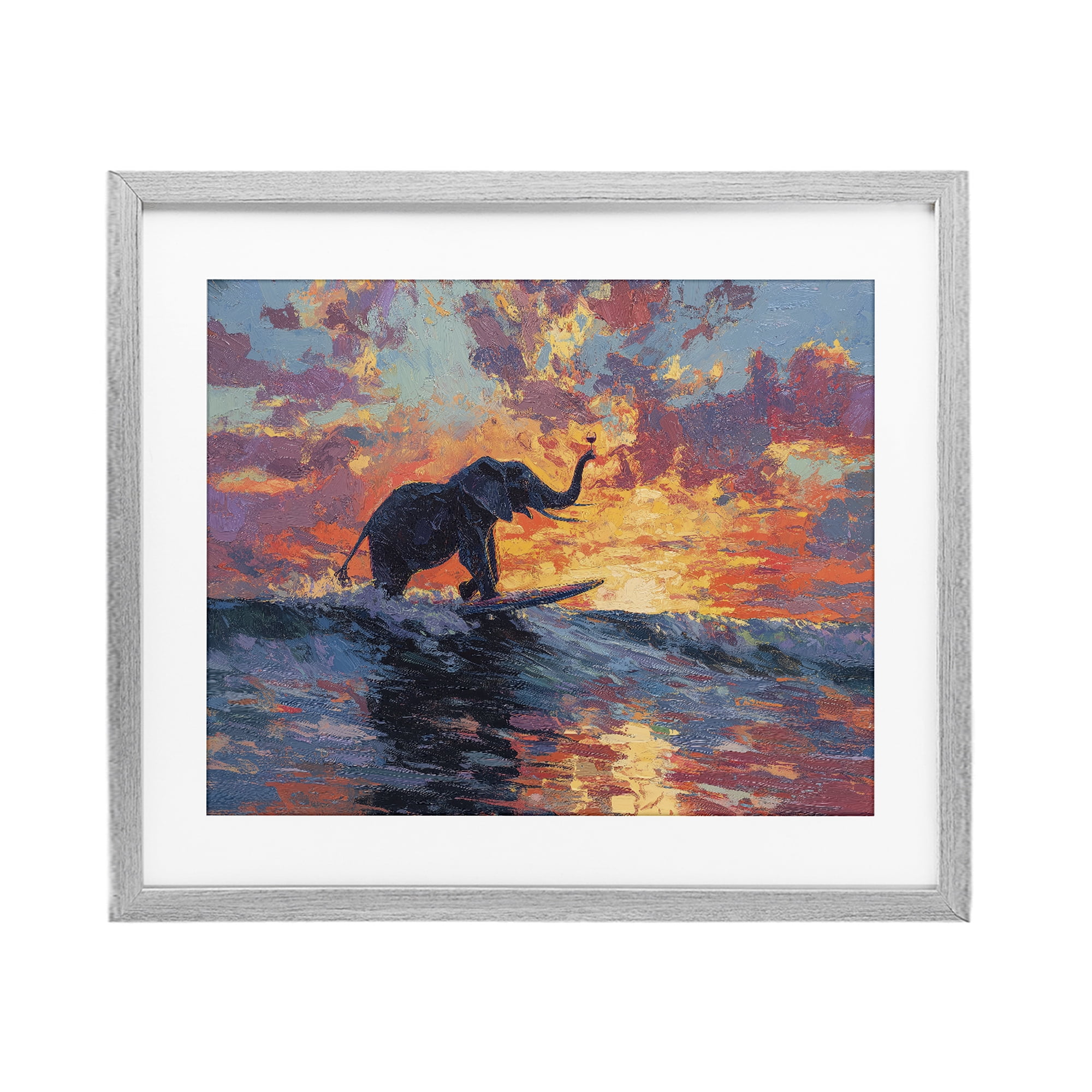 Sunset Surf Elephant Gray Framed Print Under Glass, design by Ziwei Li
