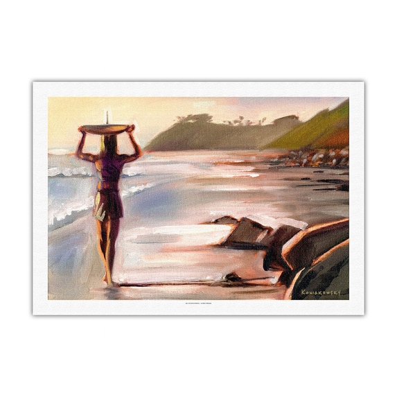 Sunset Surf Session - Woman With Surfboard - From an Original Color Painting by Wade Koniakowsky - Fine Art Rolled Canvas Print 27in x 40in
