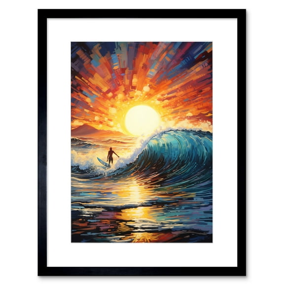 Sunset Surf Waves Surfing Artwork Vibrant Blue Purple Orange Setting Sun Behind Surfer in Wavy Seascape Artwork Framed Wall Art Print 9X7 Inch