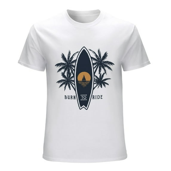 Sunset, Surfboard And Palms Men’s T-Shirt 100% Cotton Casual Short Sleeve Tops Gift Tee White 3XL