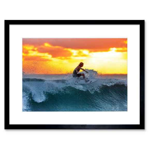 Sunset Surfer Waves Framed Wall Art Print