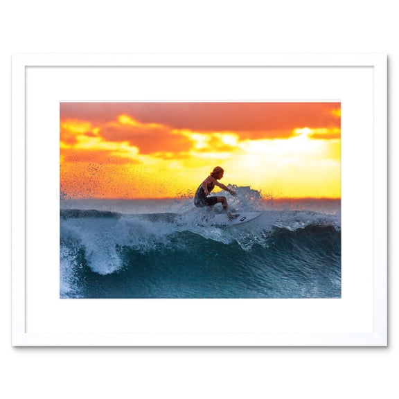 Sunset Surfer Waves Framed Wall Art Print