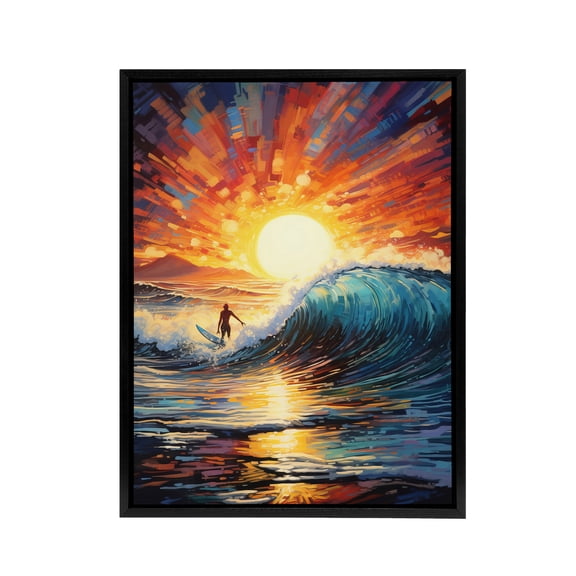 Sunset Surfing Surfer Riding Waves Black Framed Canvas Wall Art Print 24X32"