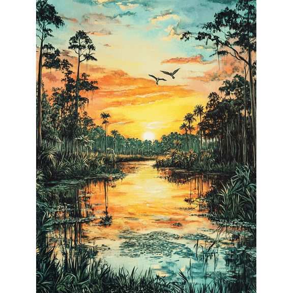 Sunset Swamp Landscape Canvas Painting Perfect for Living Room Bedroom Bathroom Office and Hallway Decoration.