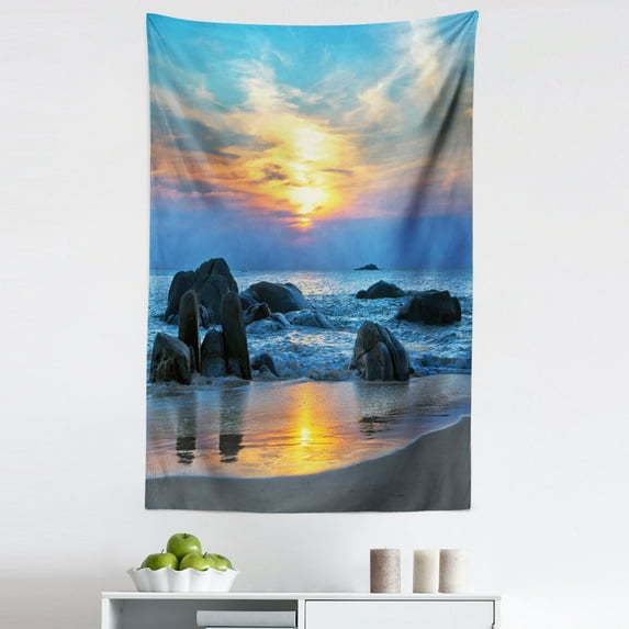 Sunset Tapestry, Sunset Scenery in Sandy Beach with Rocks and Waves Lonely Peace Morning Dream Earth, Fabric Wall Hanging Decor for Bedroom Living Room Dorm, 5 Sizes, Blue Yellow, by Ambesonne