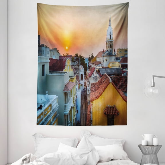 Sunset Tapestry, View over the Rooftops of the Old City Cartagena Cathedral Colombian Coast Picture, Wall Hanging for Bedroom Living Room Dorm Decor, 60W X 80L Inches, Multicolor, by Ambesonne