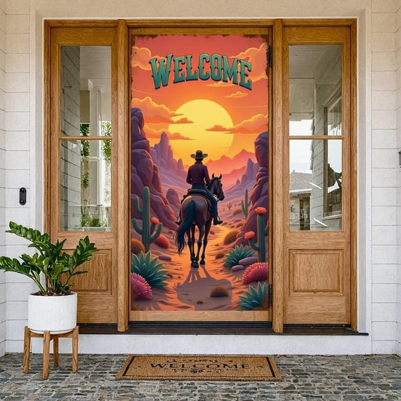Sunset Theme Welcome Banner Desert Landscape Western Display Cactus Decor Cowboy Desert Background for Western Party Home Decoration Event Backdrop