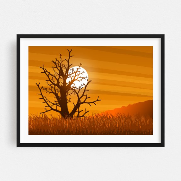 Sunset Through The Tree Silhouette - Digital Art Sunset Silhouette Desert Nature Scenic Autumn Minimalist Black Framed Wall Art Print 20 x 30 inches