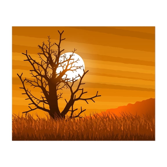 Sunset Through The Tree Silhouette - Digital Art Sunset Silhouette Desert Nature Scenic Autumn Minimalist Unframed Wall Art Print 4 x 6 inches