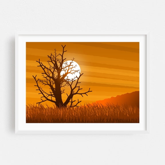 Sunset Through The Tree Silhouette - Digital Art Sunset Silhouette Desert Nature Scenic Autumn Minimalist White Framed Wall Art Print 9 x 12 inches