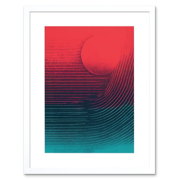 Sunset Tidal Wave Minimalist Risograph Artwork Burgundy and Aqua Duotone Seascape Artwork Framed Wall Art Print 9X7 Inch