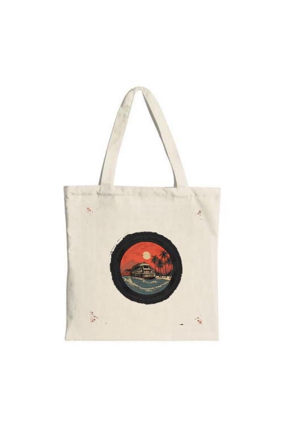 Sunset Tote Bag - Canvas featuring palm trees a boat and a vibrant orange - red gradient perfect for shopping travel and parties