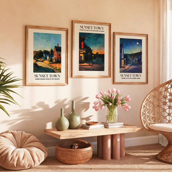 Sunset Town Print Golden Hour Landscape Rustic Americana Set 3 Unframed Paper Print 8x12