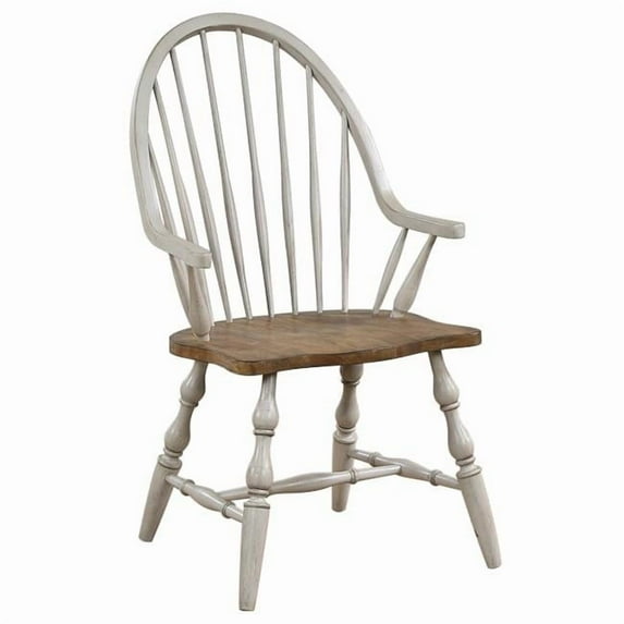 Sunset Trading 41 x 23.5 x 25 in. Country Grove Windsor Dining Chair with Arms Distressed Light Gray & Medium Walnut
