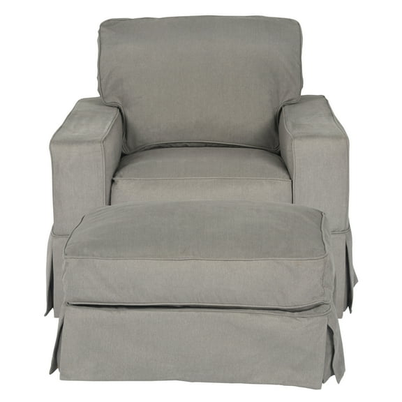 Sunset Trading Americana Box Cushion Fabric Slipcovered Chair & Ottoman in Gray