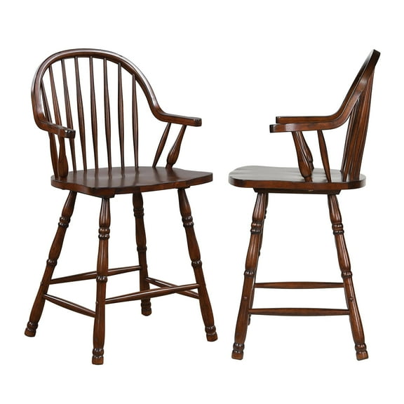 Sunset Trading Andrews 24" Windsor Wood Barstools with Arms in Brown (Set of 2)