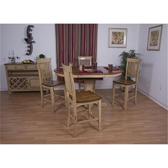 Sunset Trading Brook Round or Oval Butterfly Leaf Pub Table Set with Fancy Slat Stools 5 Pieces