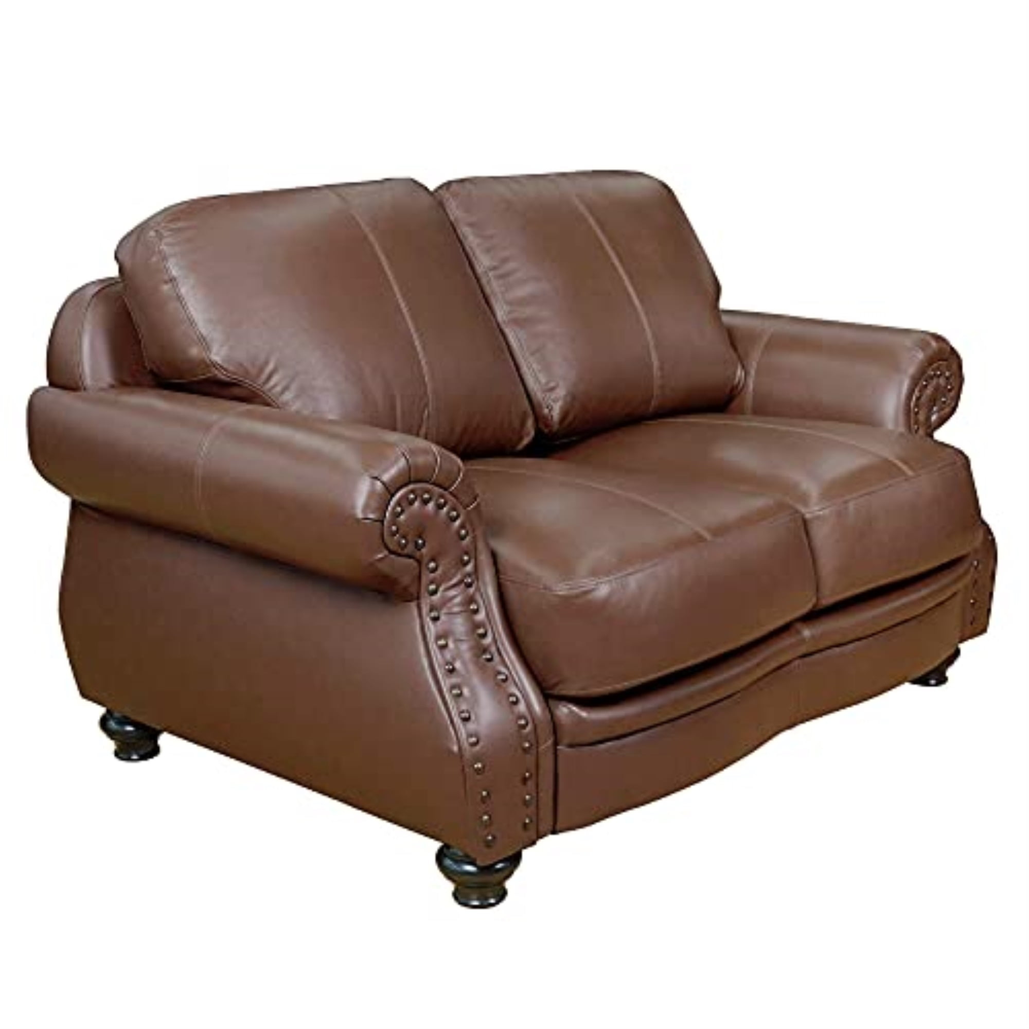 Charleston Chestnut Brown Top-Grain Leather Loveseat with Brass Nailheads