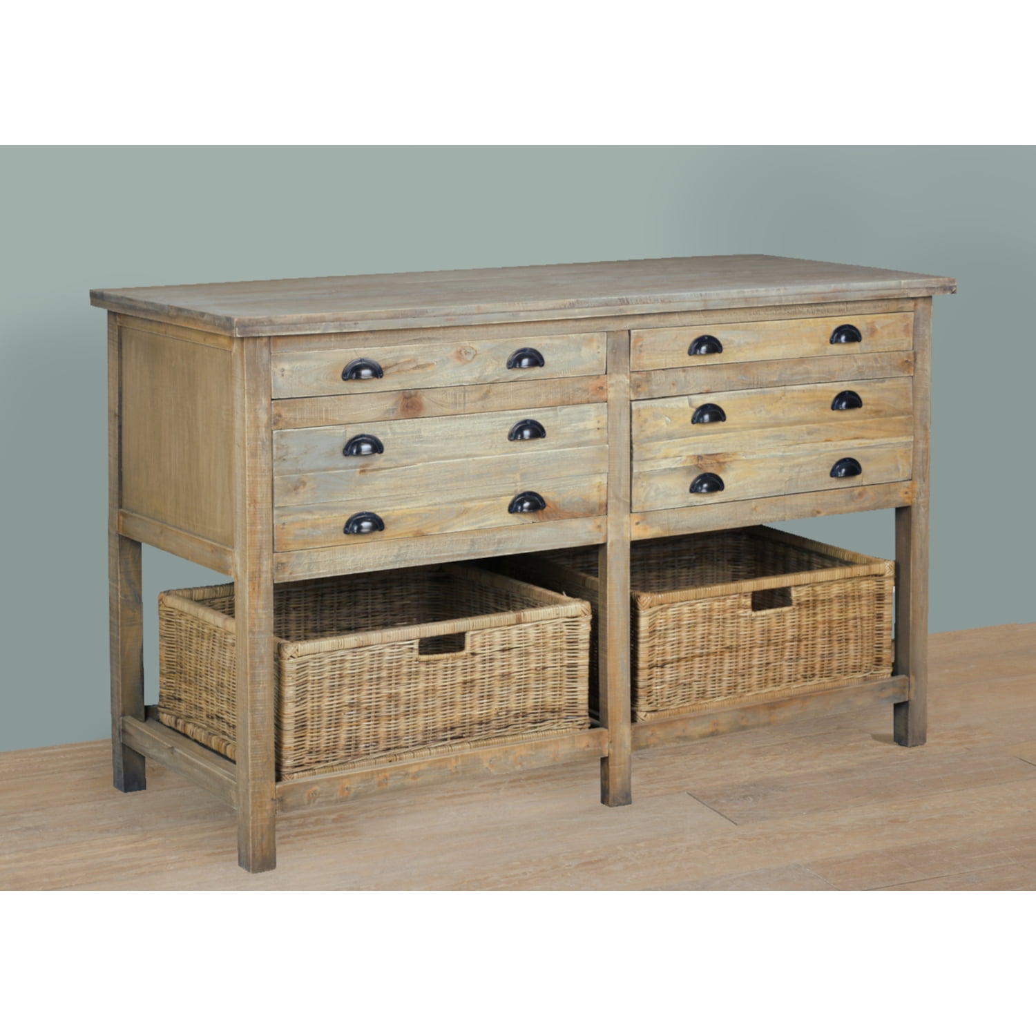 Driftwood Brown Mahogany Sideboard with Rattan Baskets and Drawers
